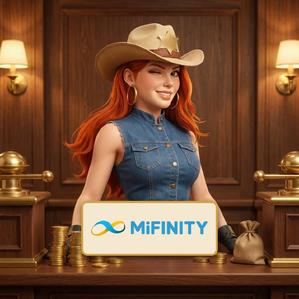 The MiFinity logo on a brass-framed plaque in front of the bounty queen at a frontier bank counter
