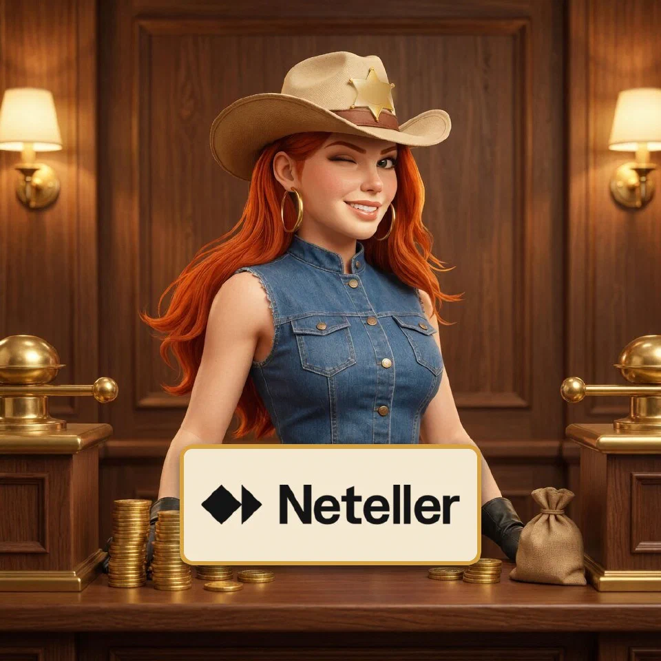 The Neteller logo on a brass-framed plaque in front of the bounty queen at a frontier bank counter