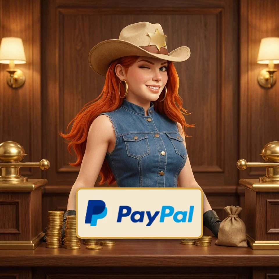 The PayPal logo on a brass-framed plaque in front of the bounty queen at a frontier bank counter