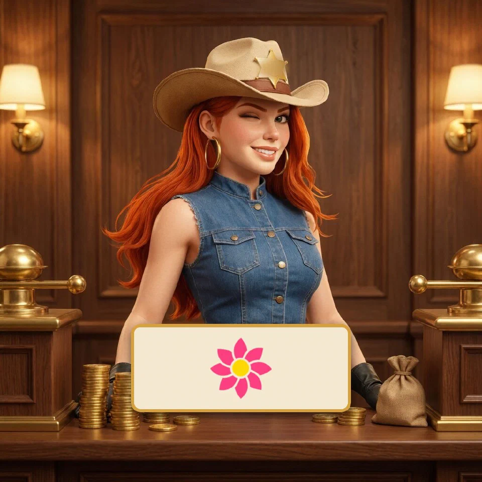 The Piastrix logo on a brass-framed plaque in front of the bounty queen at a frontier bank counter