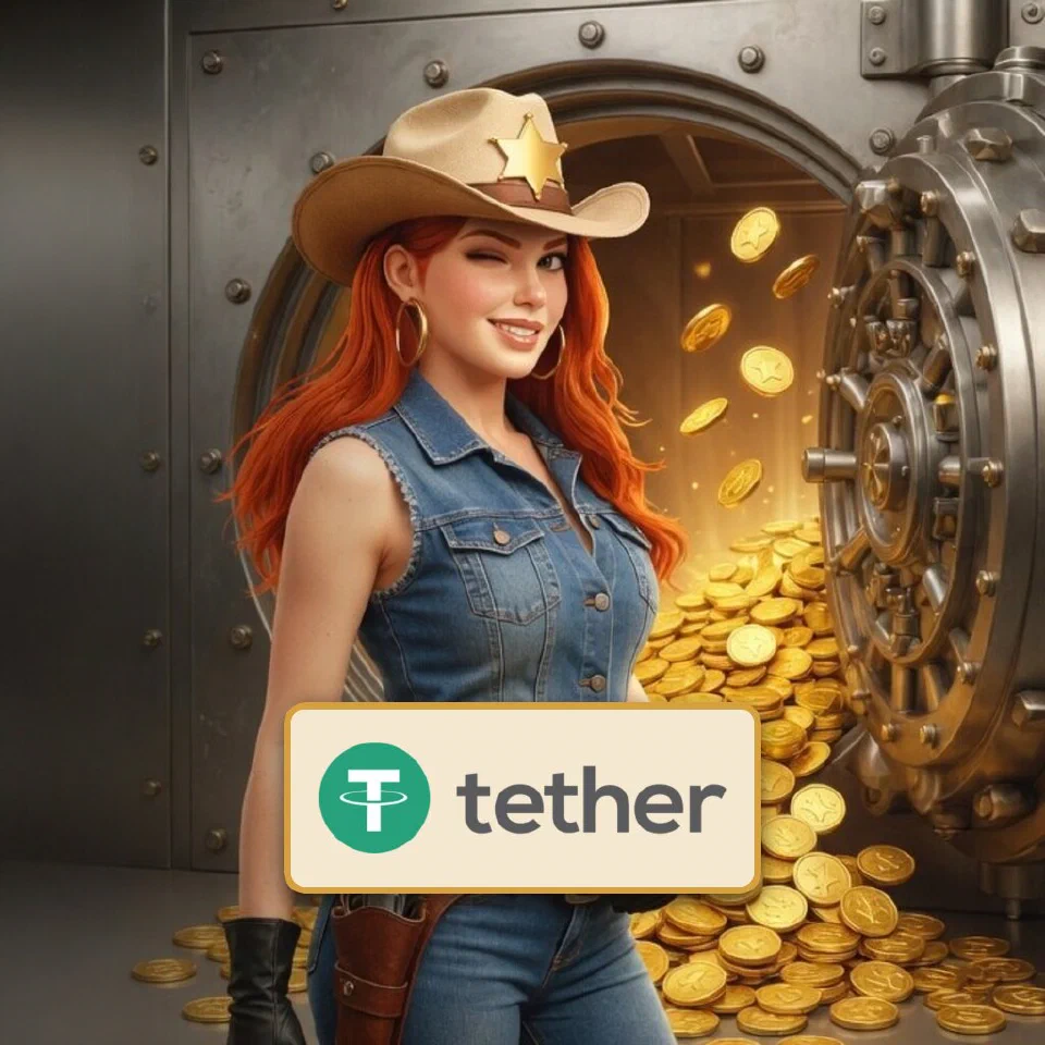 The Tether logo on a brass-framed plaque in front of the bounty queen beside an open vault of gold coins