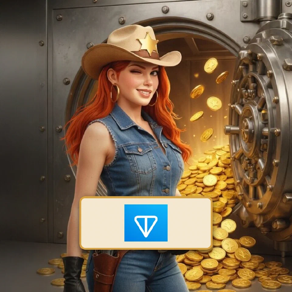 The TON logo on a brass-framed plaque in front of the bounty queen beside an open vault of gold coins