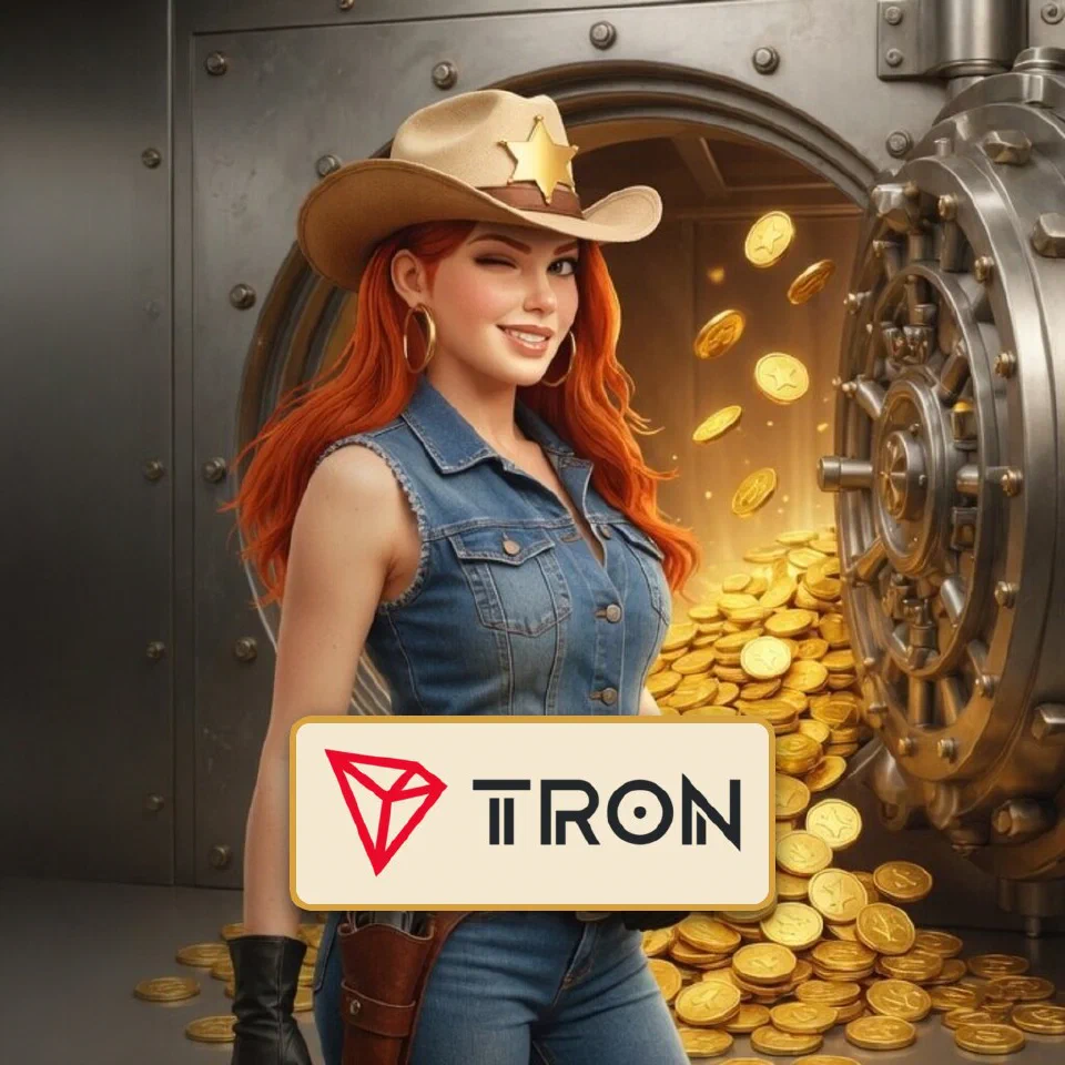 The Tron logo on a brass-framed plaque in front of the bounty queen beside an open vault of gold coins