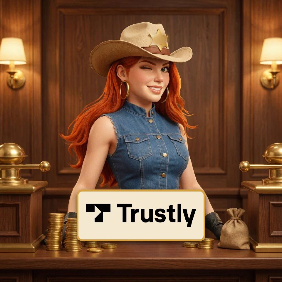 The Trustly logo on a brass-framed plaque in front of the bounty queen at a frontier bank counter