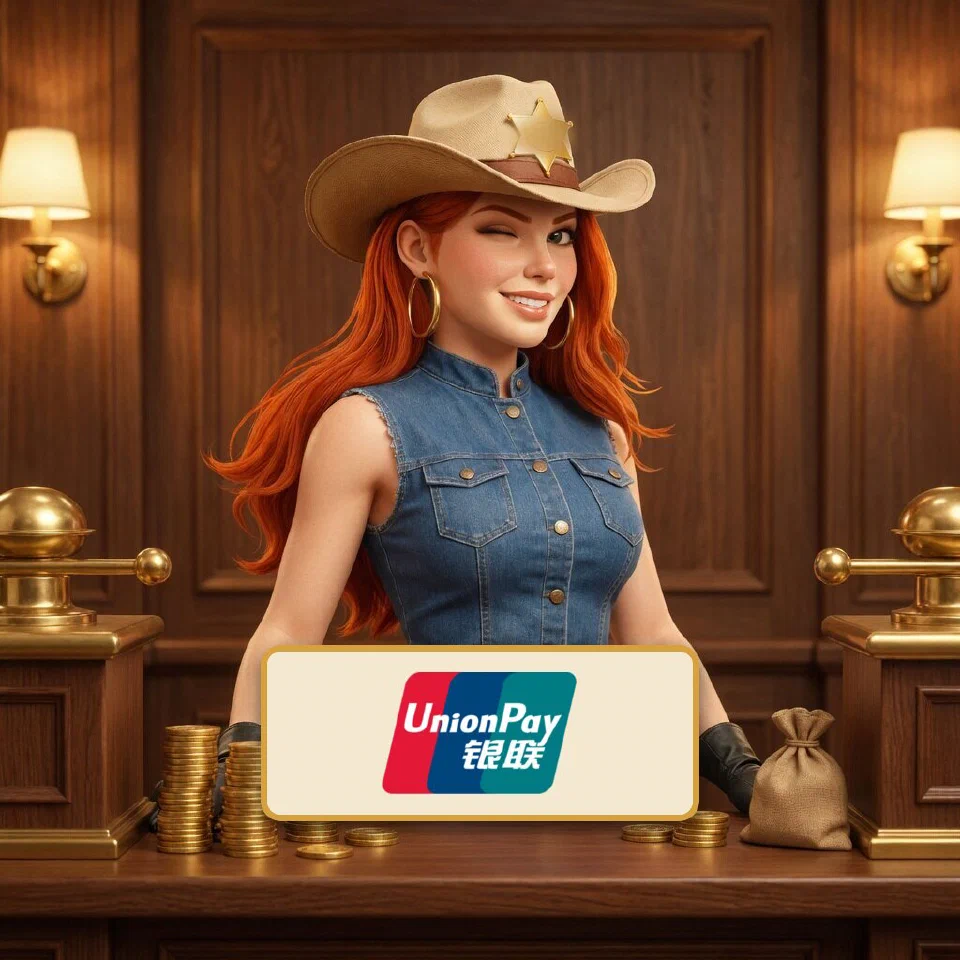 The UnionPay logo on a brass-framed plaque in front of the bounty queen at a frontier bank counter