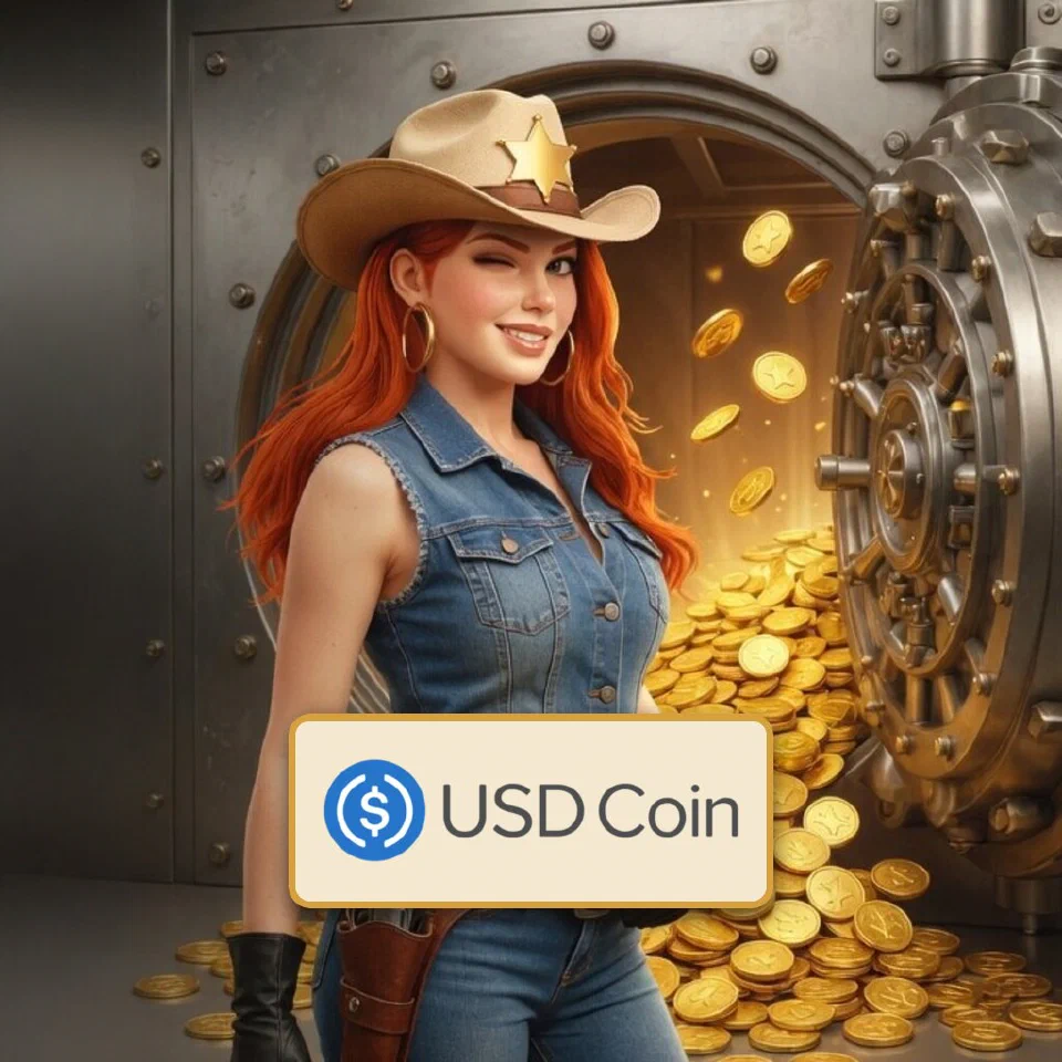 The USD Coin logo on a brass-framed plaque in front of the bounty queen beside an open vault of gold coins