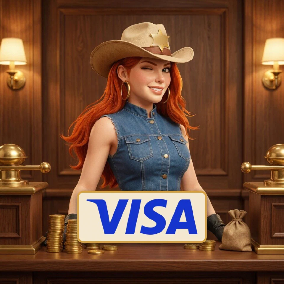 The Visa logo on a brass-framed plaque in front of the bounty queen at a frontier bank counter