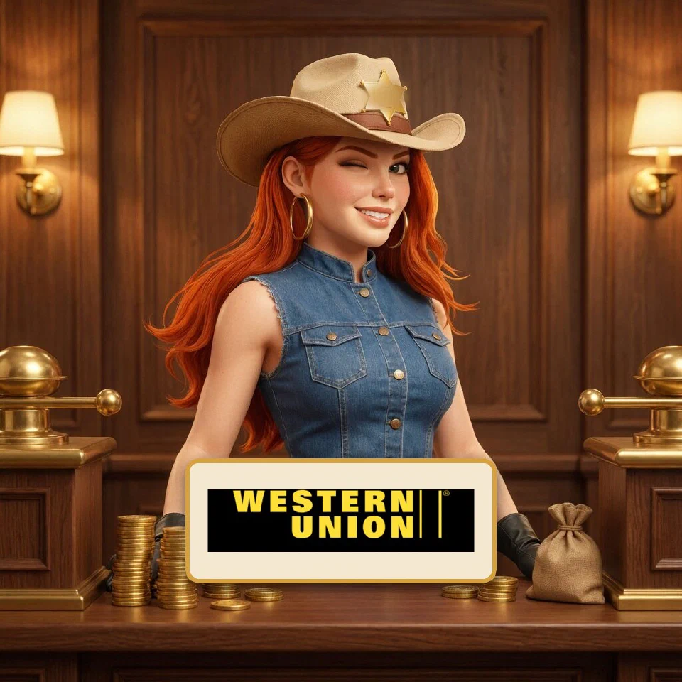 The Western Union logo on a brass-framed plaque in front of the bounty queen at a frontier bank counter