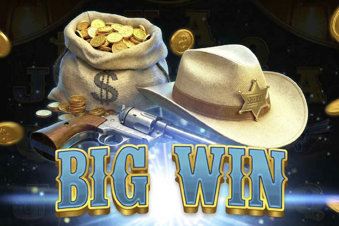 The Big Win screen of Wild Bounty Queen 2048: a money bag of gold coins, a sheriff's hat and a revolver