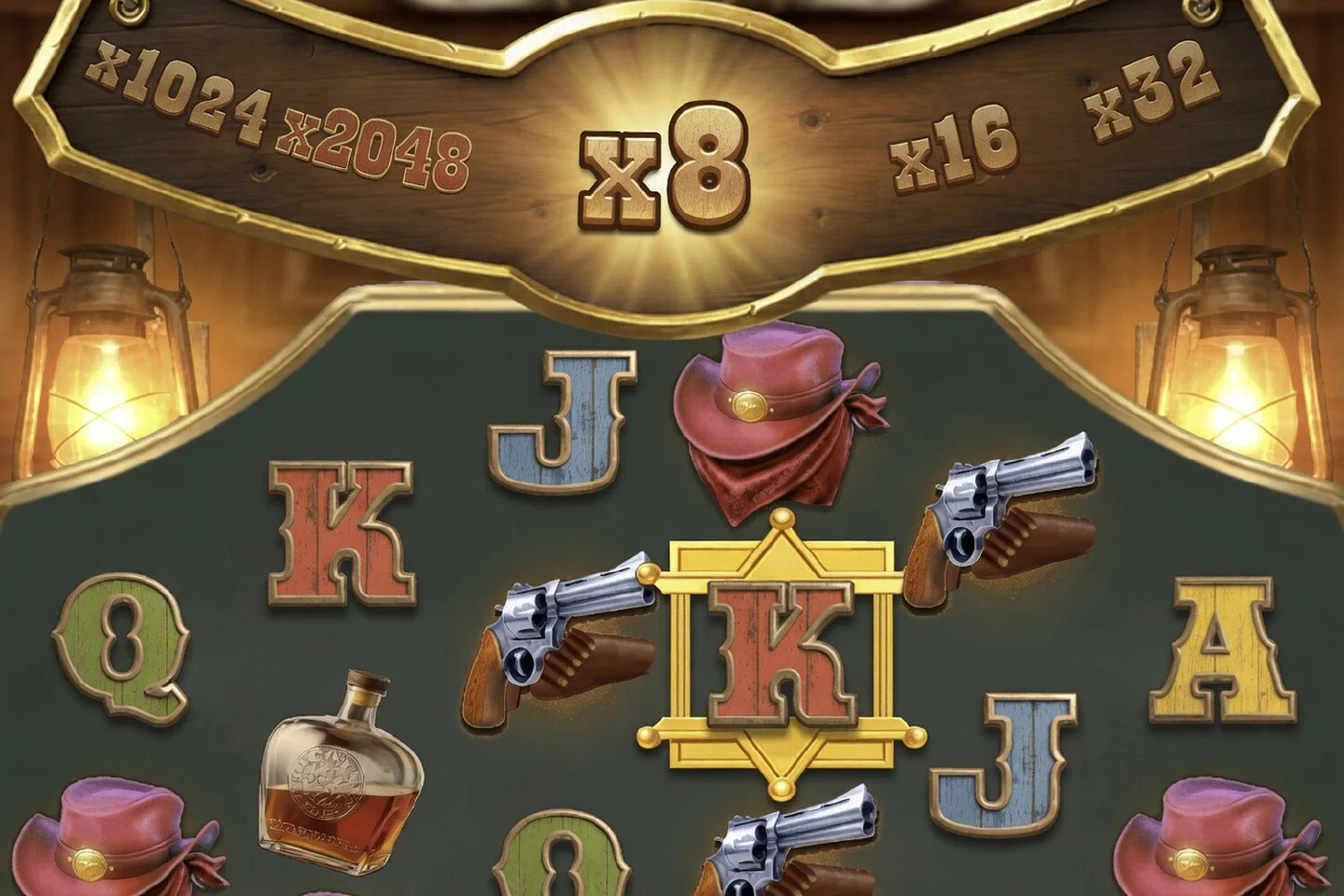 The Free Games board of Wild Bounty Queen 2048: a saloon with oil lanterns, the multiplier sign at x8 and a gold-framed K