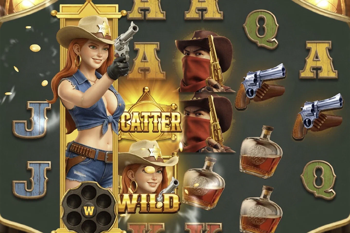 Free Games in Wild Bounty Queen 2048: the bounty queen wild on reel 2 beside a scatter and the masked bandits