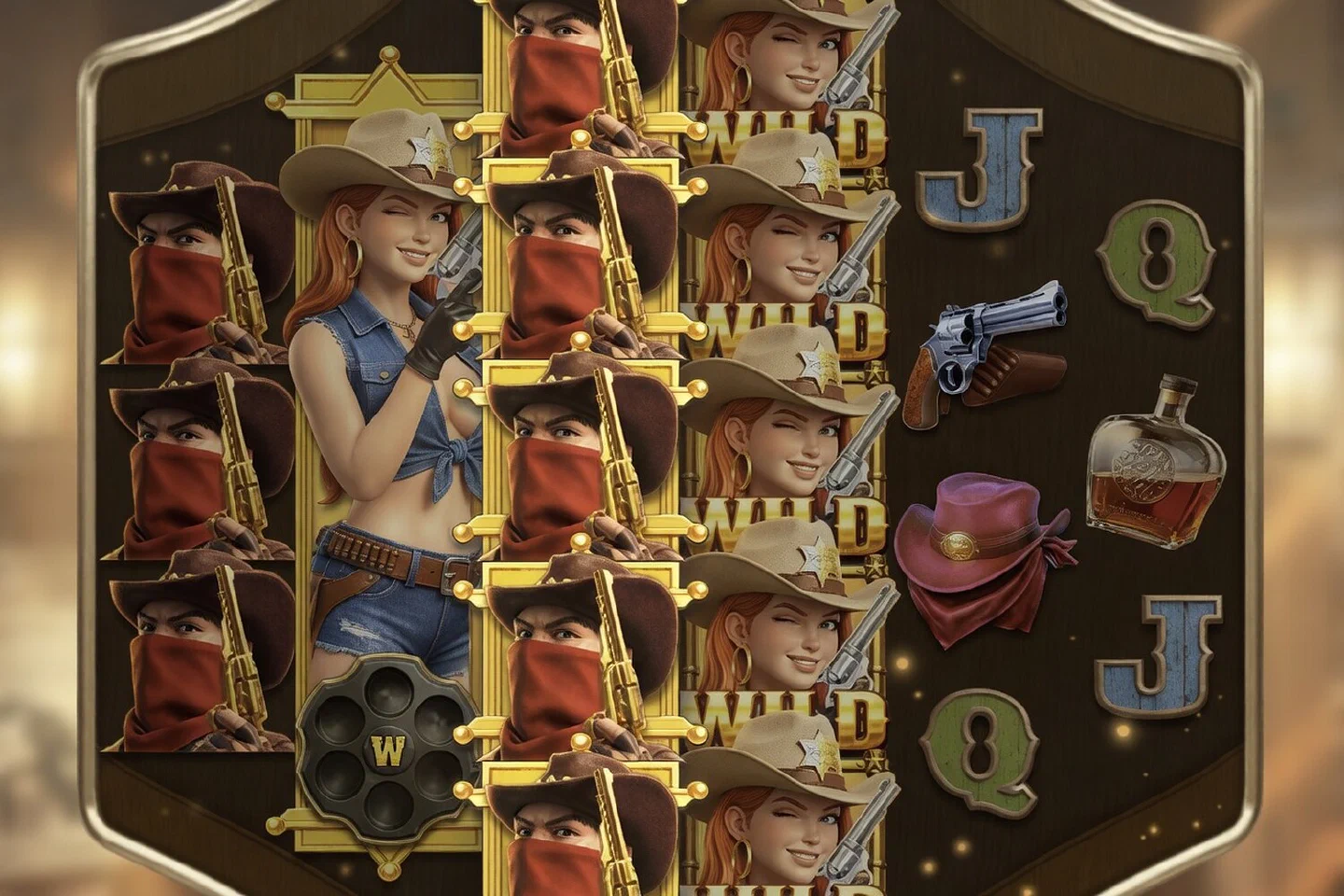 Wild Bounty Queen 2048: the queen's shots frame a whole reel of masked bandits in gold