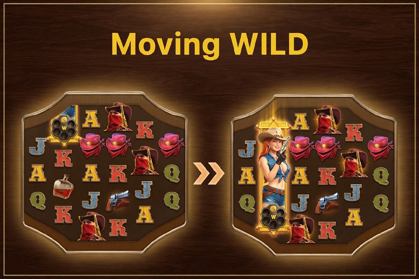 The in-game rules of Wild Bounty Queen 2048 showing the Moving Wild pushing onto reel 2