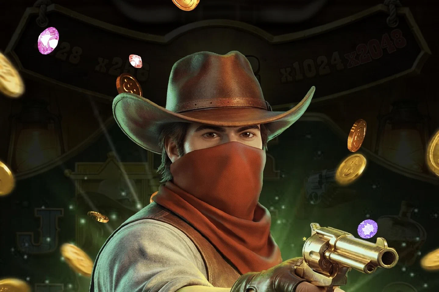 The Super Win screen of Wild Bounty Queen 2048 with the masked bandit and his gold revolver