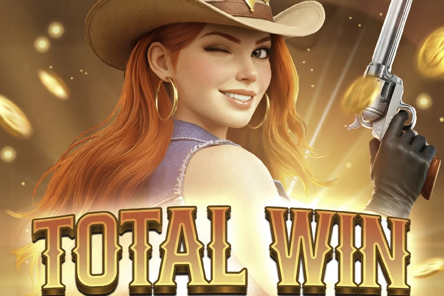 The Total Win screen of Wild Bounty Queen 2048: the bounty queen winking with her revolver raised